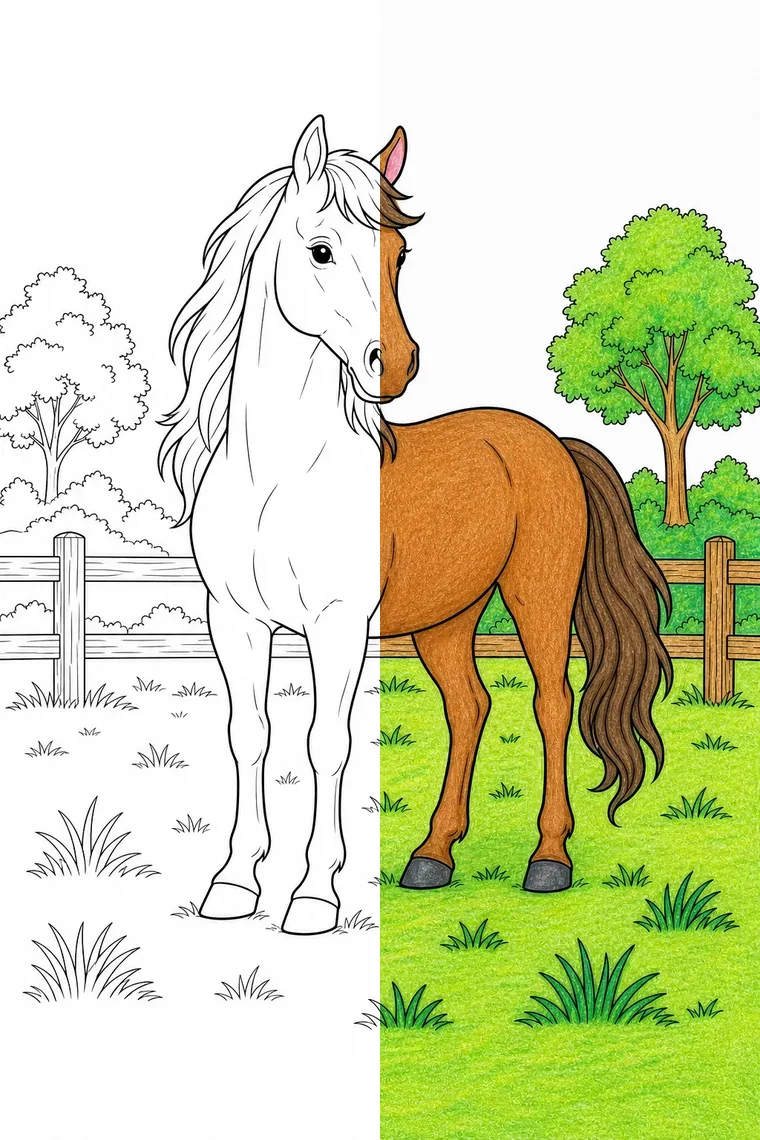 Horse coloring page — line art on the left, colored in on the right