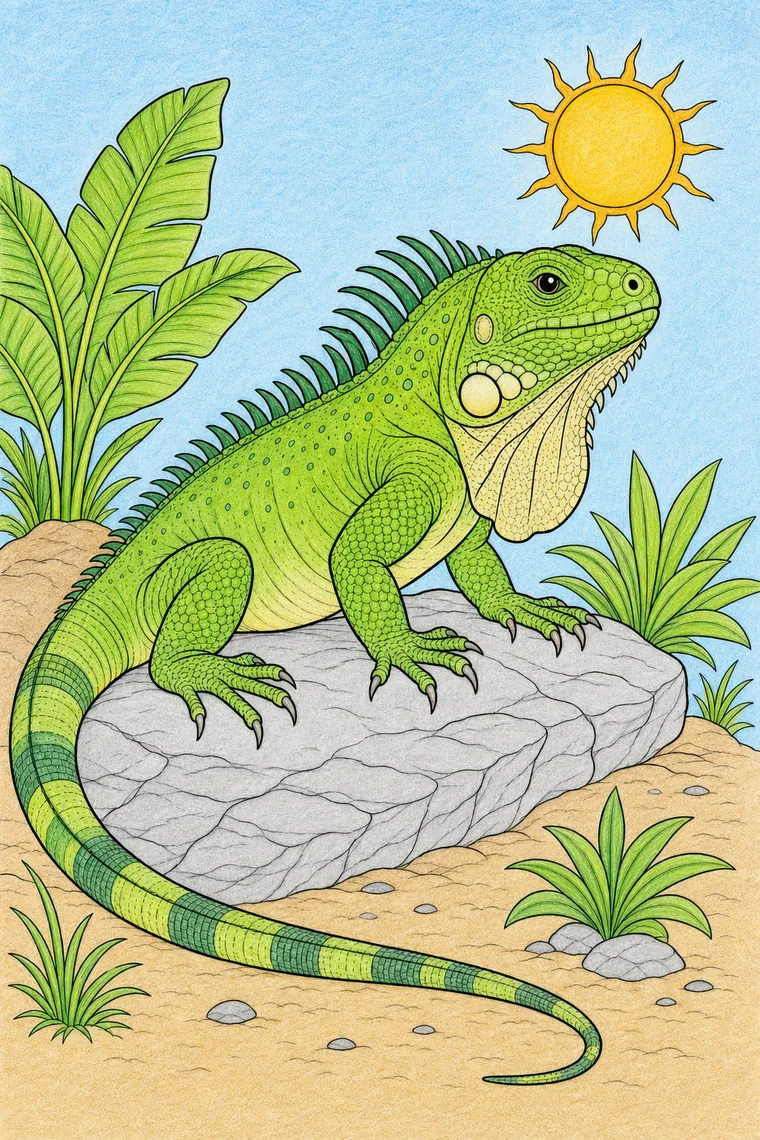 Example of the iguana coloring page colored in