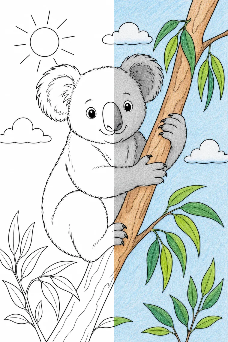 Koala coloring page — line art on the left, colored in on the right
