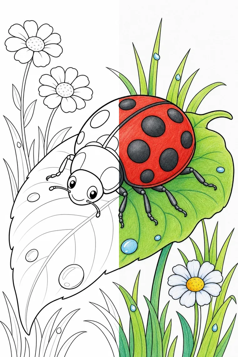 Ladybug coloring page — line art on the left, colored in on the right