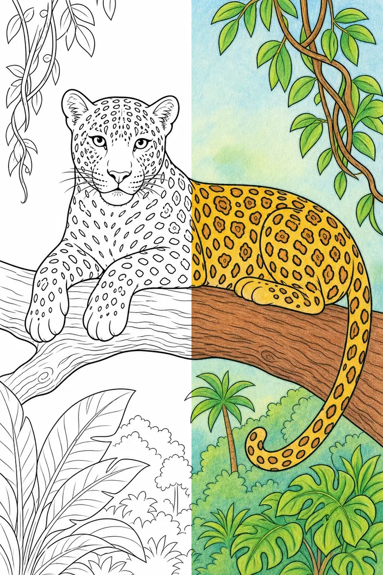 Leopard coloring page — line art on the left, colored in on the right