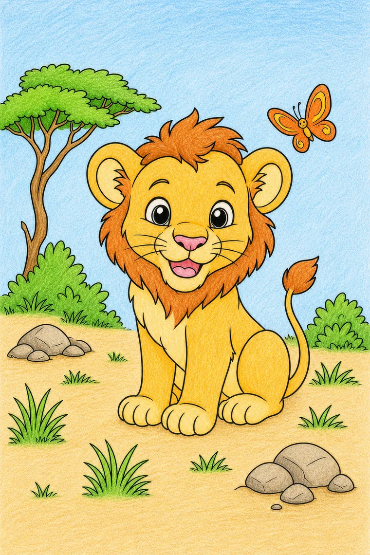 Example of the lion cub coloring page colored in