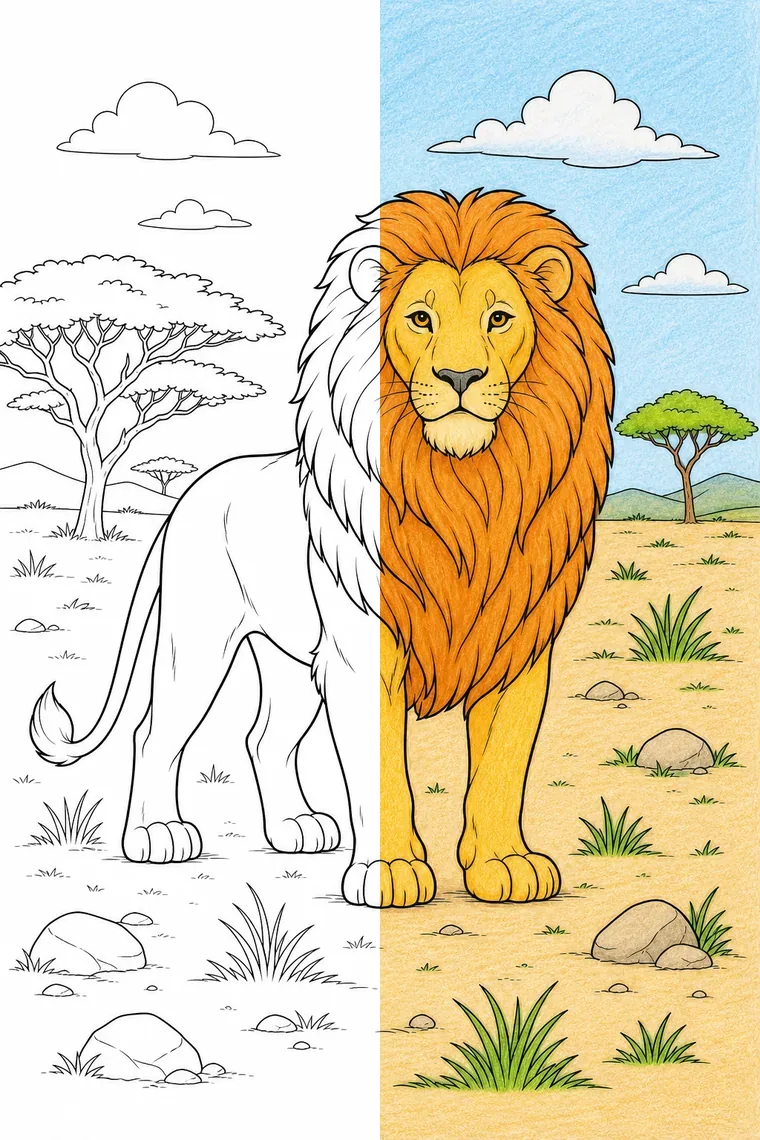 Lion coloring page — line art on the left, colored in on the right