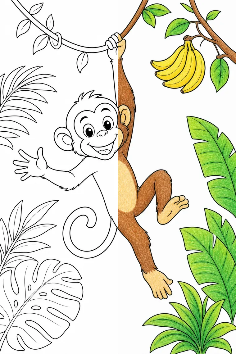 Monkey coloring page — line art on the left, colored in on the right