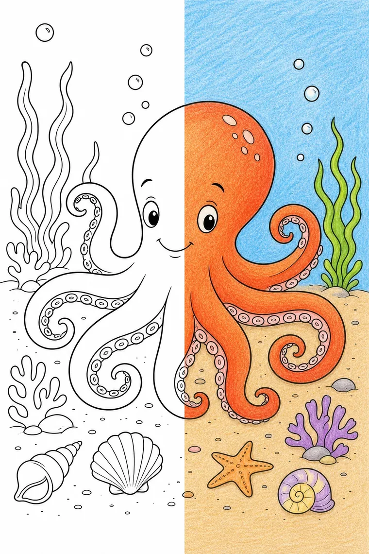 Octopus coloring page — line art on the left, colored in on the right