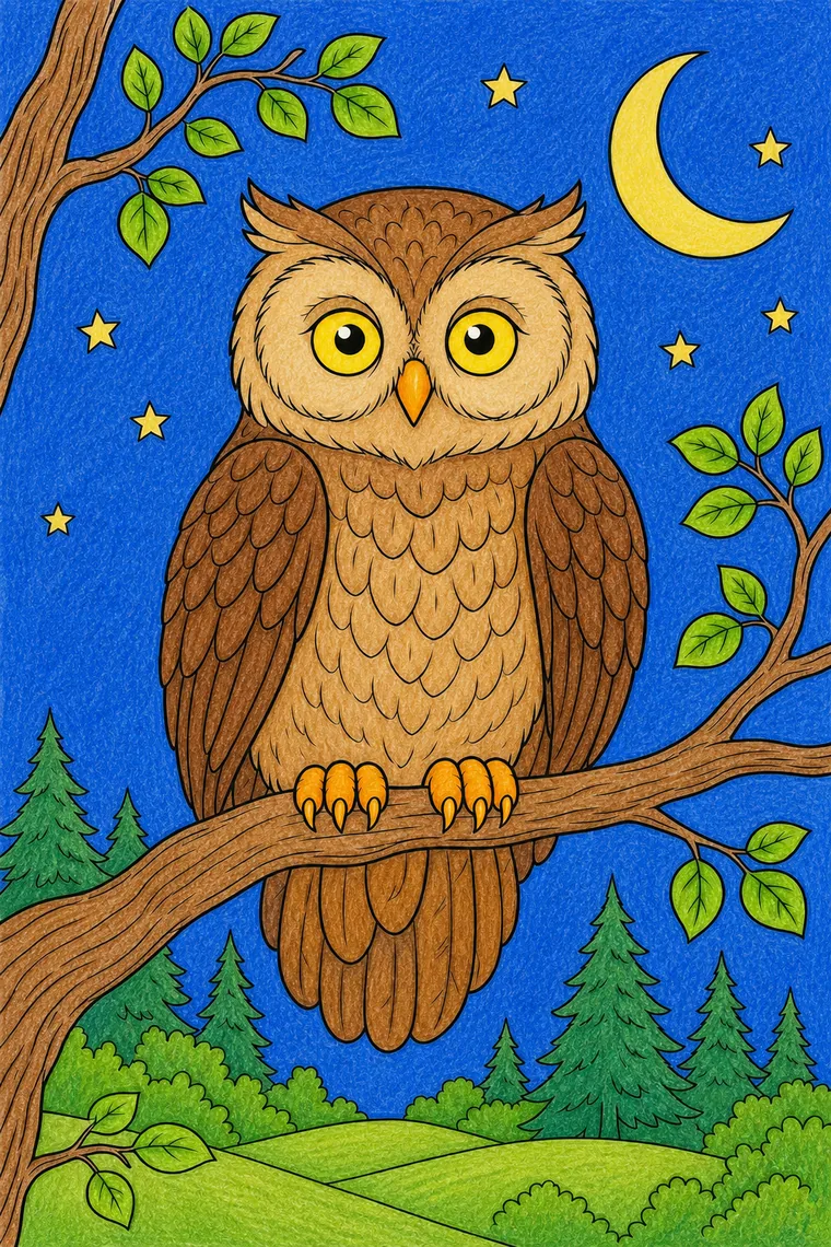 Example of the owl coloring page colored in
