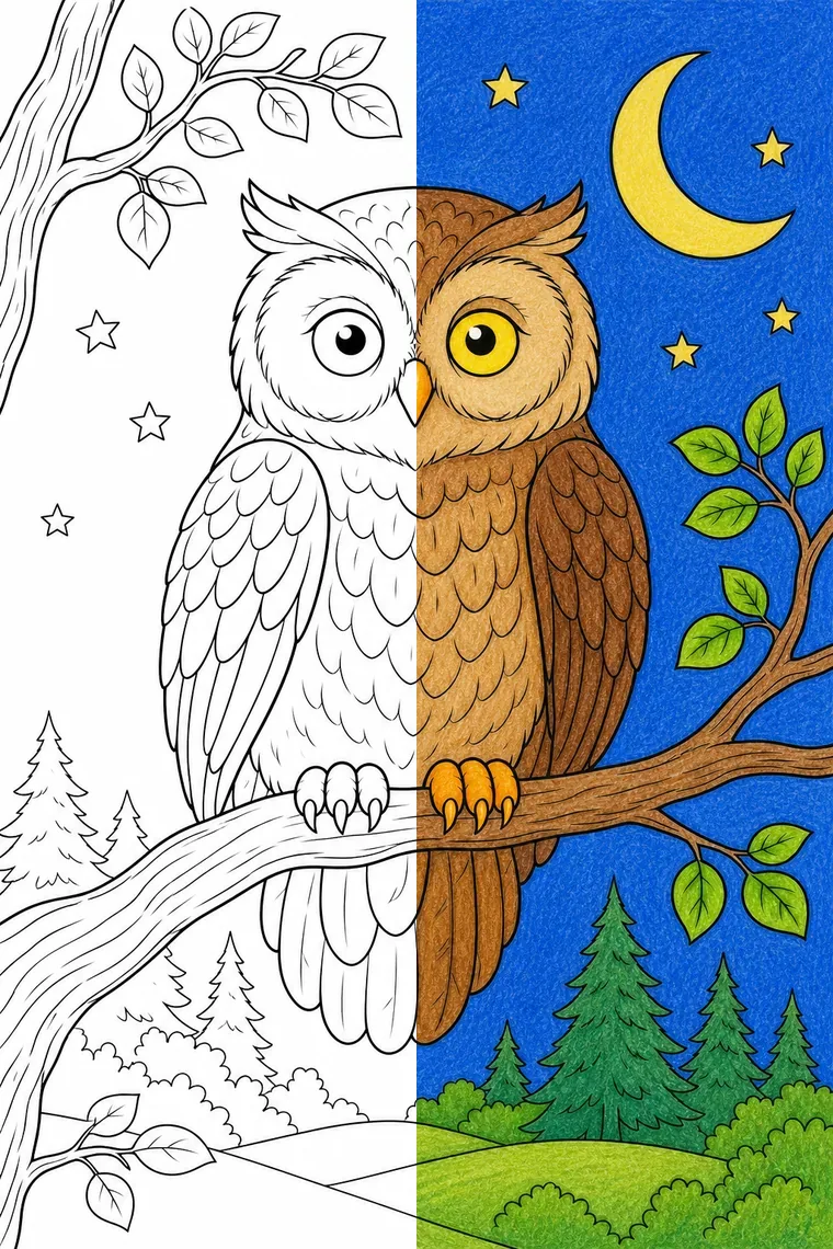 Owl coloring page — line art on the left, colored in on the right