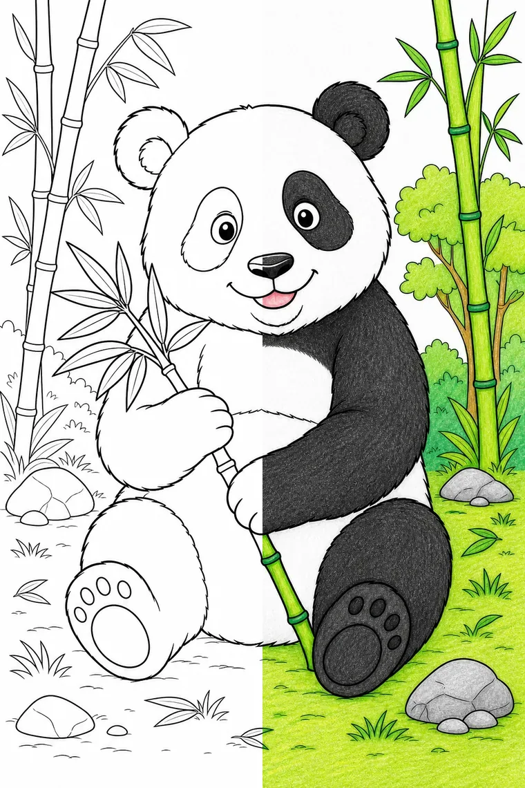 Panda coloring page — line art on the left, colored in on the right