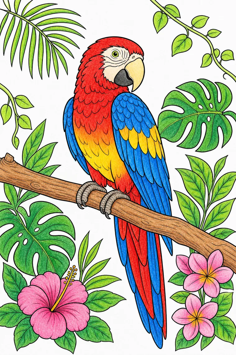 Example of the parrot coloring page colored in