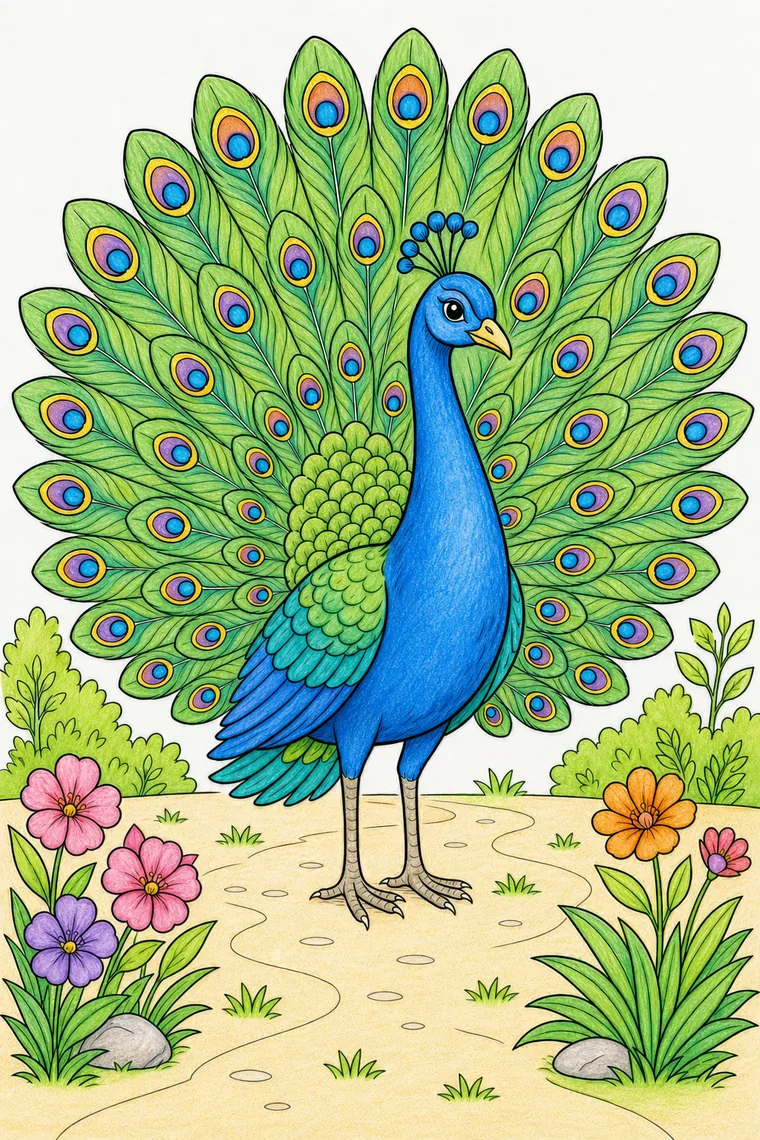 Example of the peacock coloring page colored in