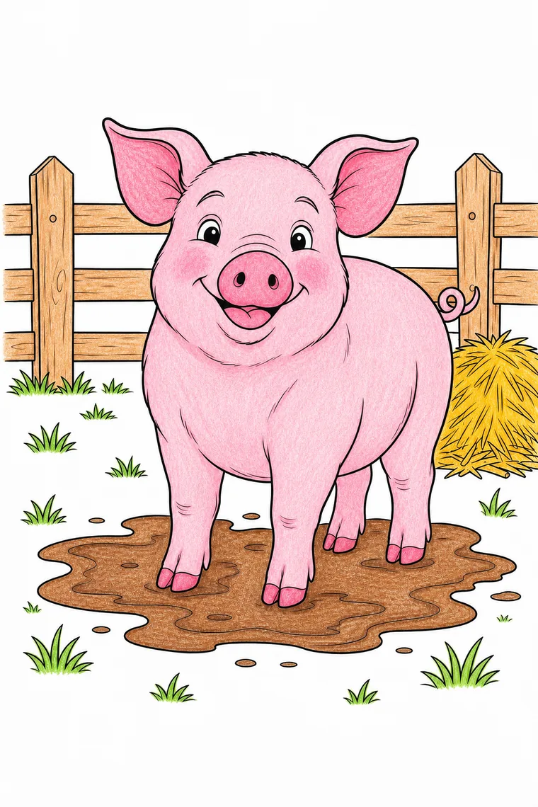 Example of the pig coloring page colored in