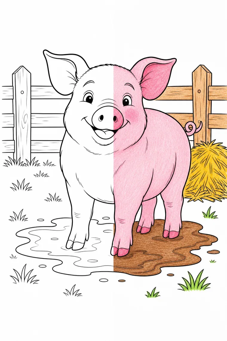 Pig coloring page — line art on the left, colored in on the right