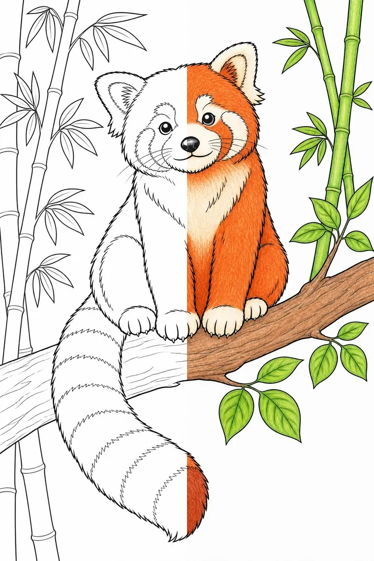 Red Panda coloring page — line art on the left, colored in on the right