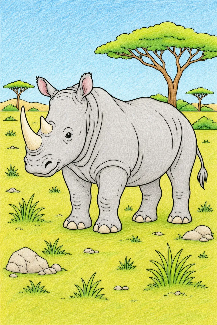 Example of the rhino coloring page colored in