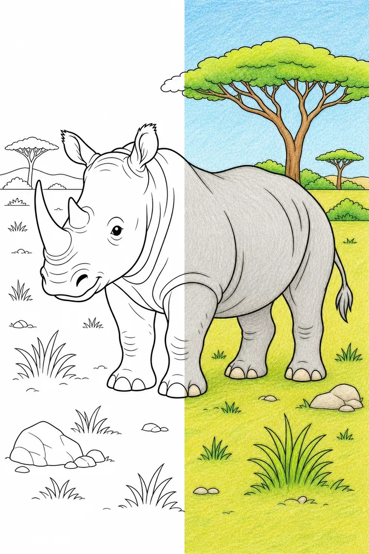 Rhino coloring page — line art on the left, colored in on the right