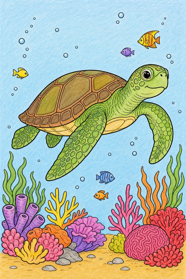 Example of the sea turtle coloring page colored in