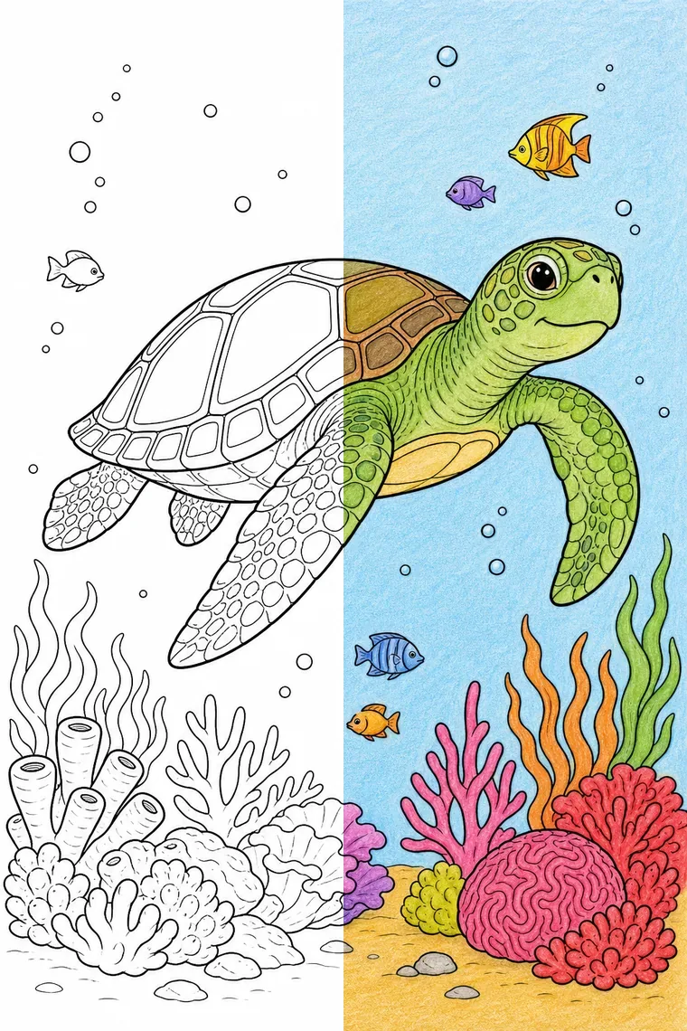 Sea Turtle coloring page — line art on the left, colored in on the right