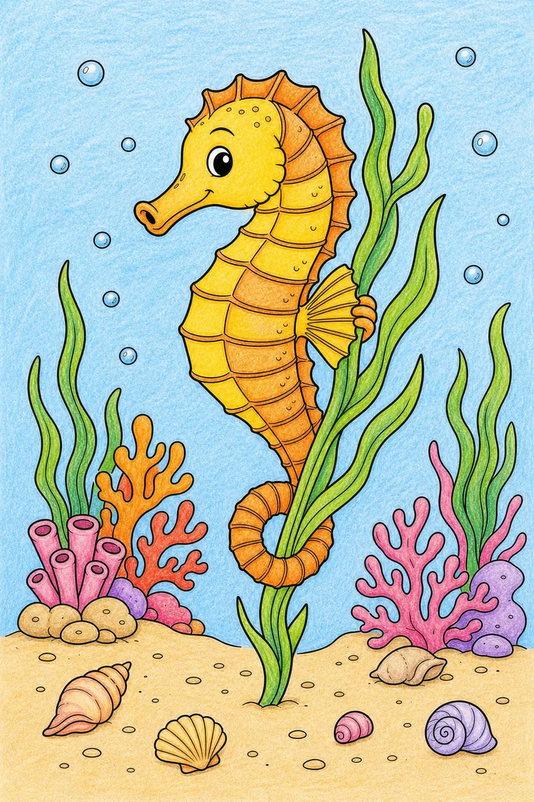 Example of the seahorse coloring page colored in
