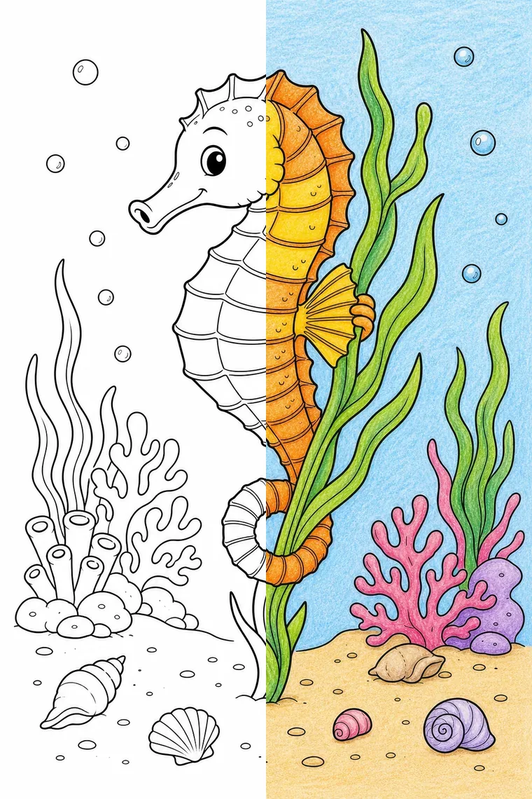 Seahorse coloring page — line art on the left, colored in on the right