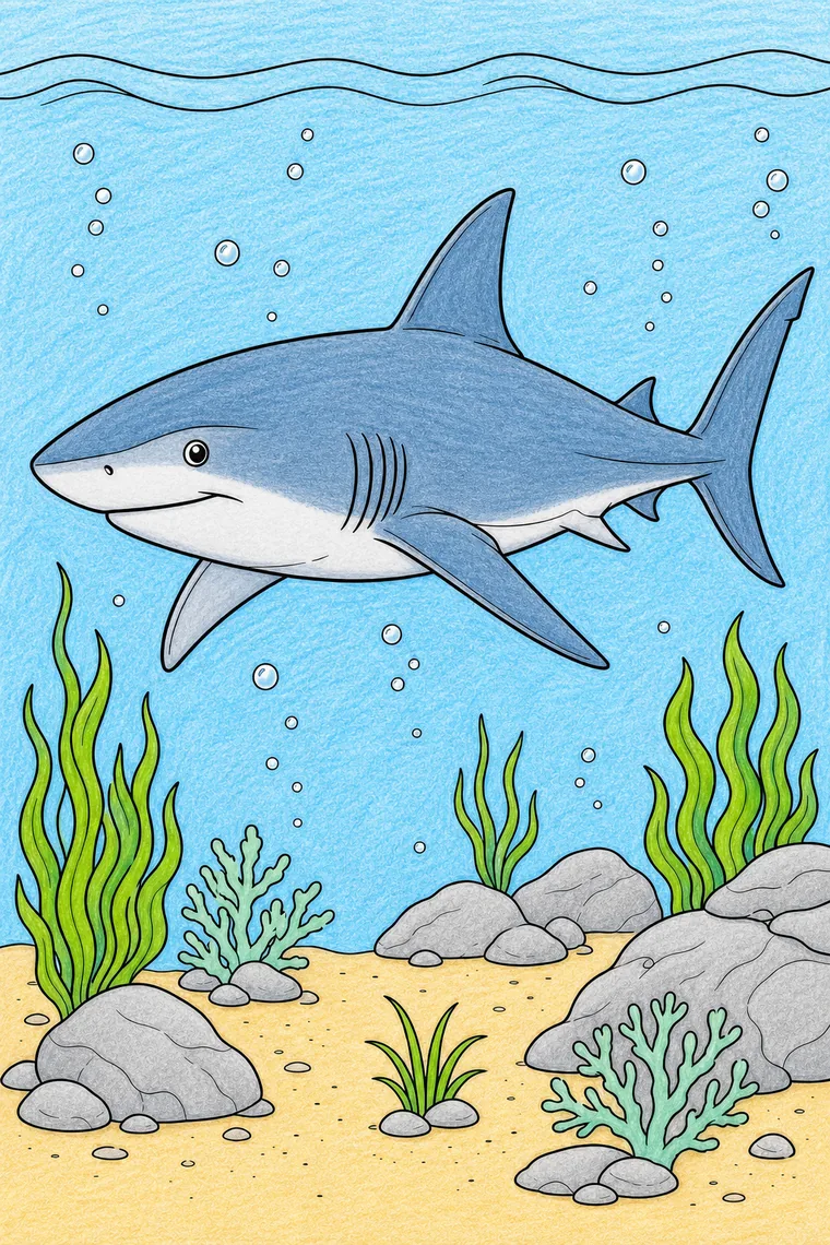 Example of the shark coloring page colored in
