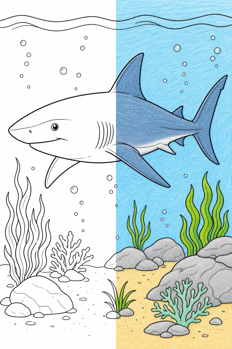 Shark coloring page — line art on the left, colored in on the right