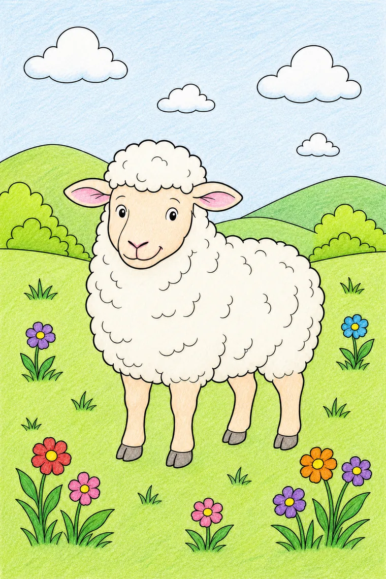 Example of the sheep coloring page colored in