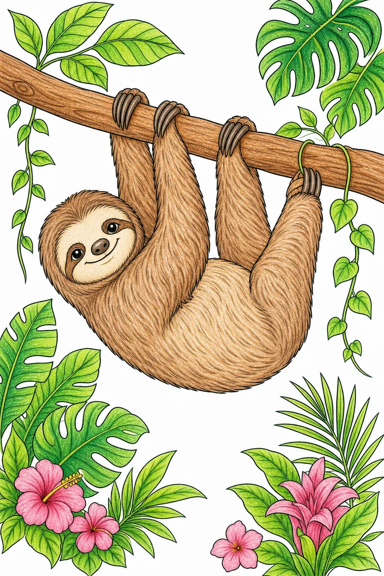 Example of the sloth coloring page colored in