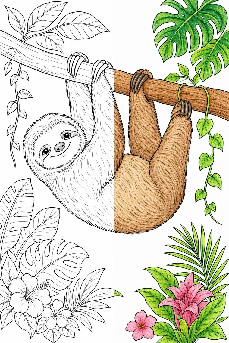 Sloth coloring page — line art on the left, colored in on the right
