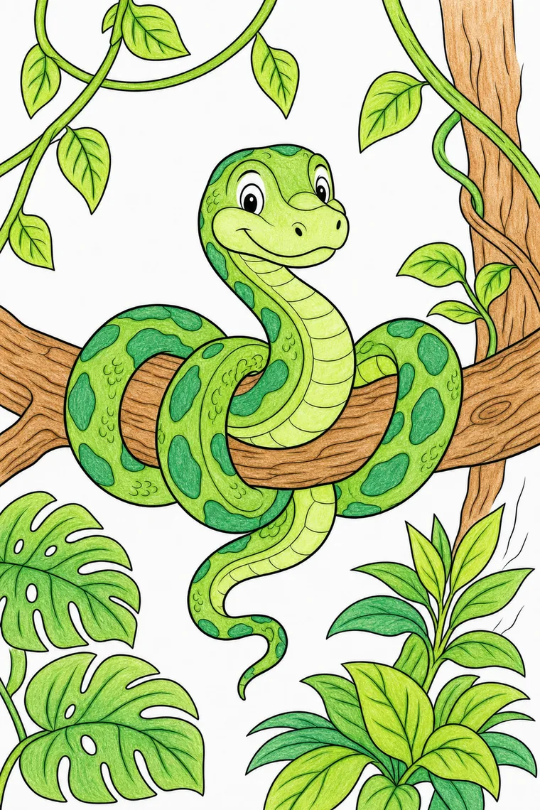 Example of the snake coloring page colored in