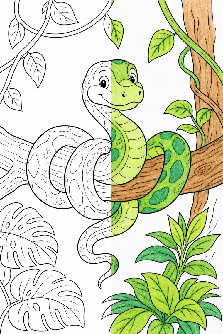 Snake coloring page — line art on the left, colored in on the right
