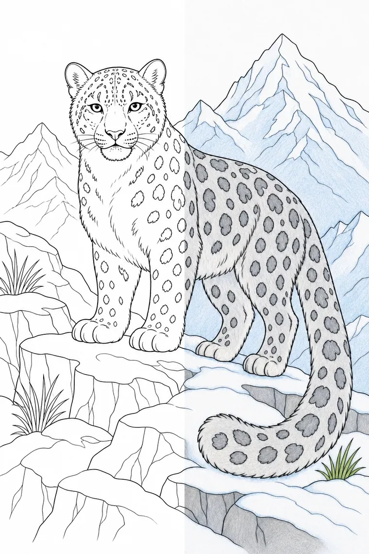 Snow Leopard coloring page — line art on the left, colored in on the right