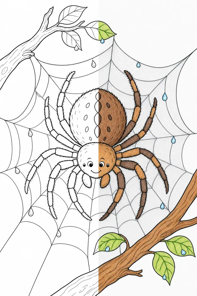 Spider coloring page — line art on the left, colored in on the right