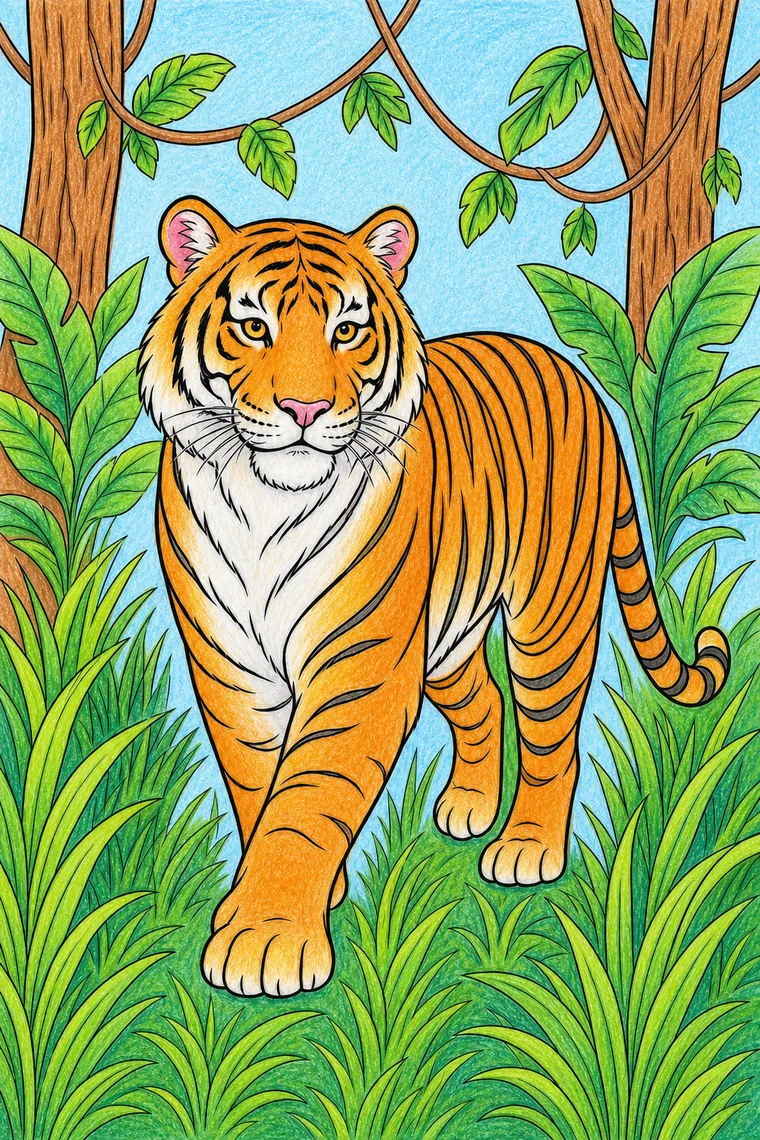 Example of the tiger coloring page colored in