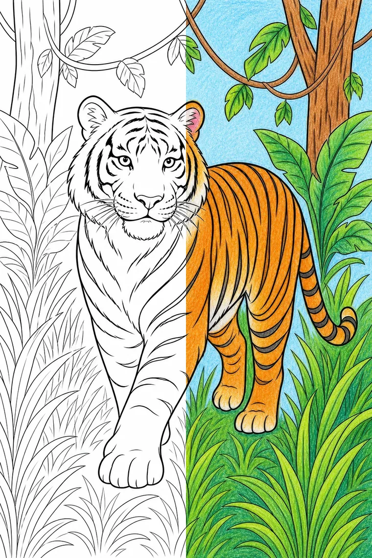 Tiger coloring page — line art on the left, colored in on the right
