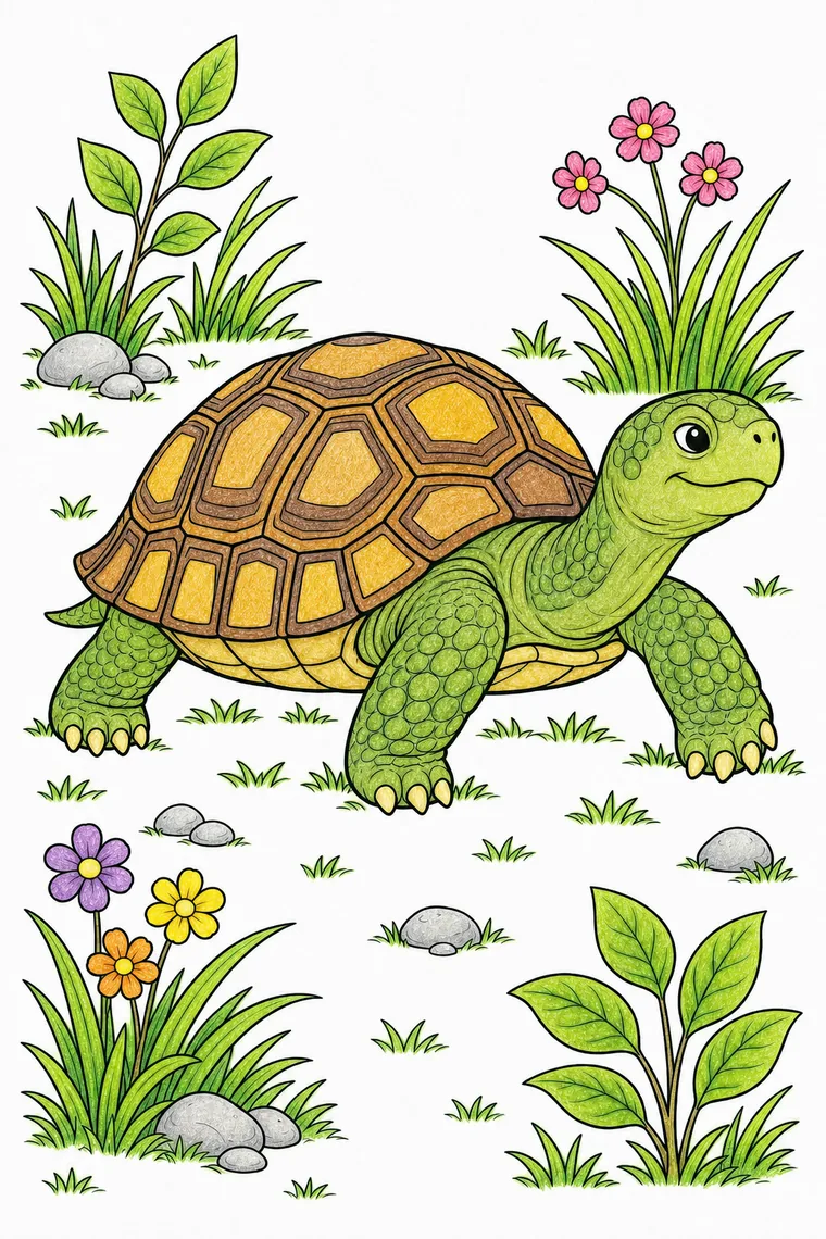 Example of the tortoise coloring page colored in