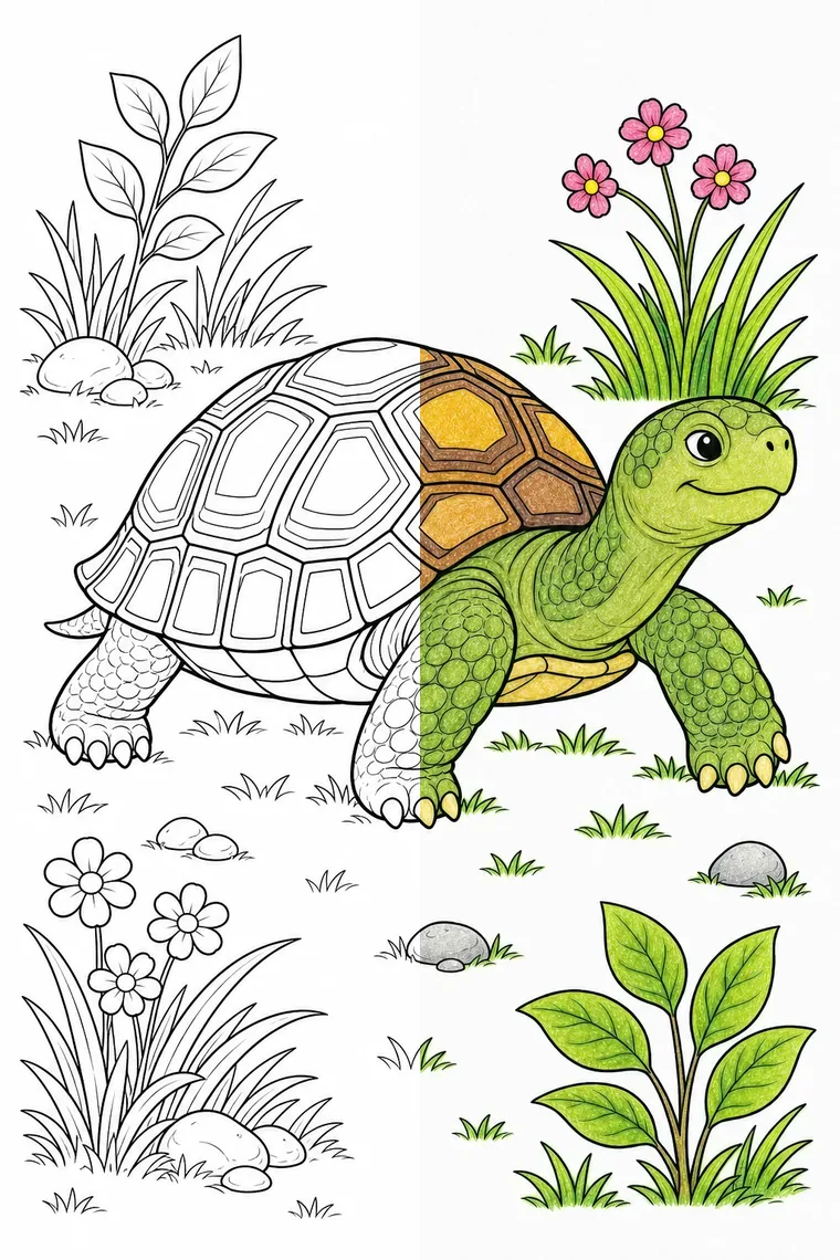 Tortoise coloring page — line art on the left, colored in on the right