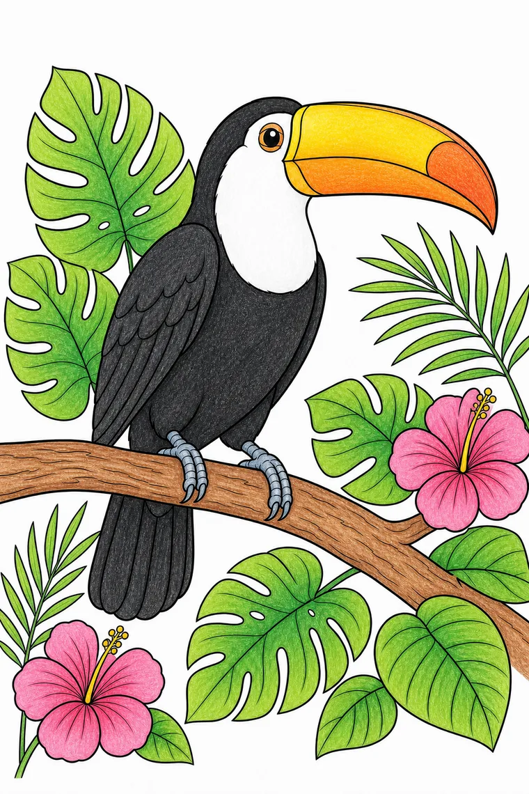 Example of the toucan coloring page colored in
