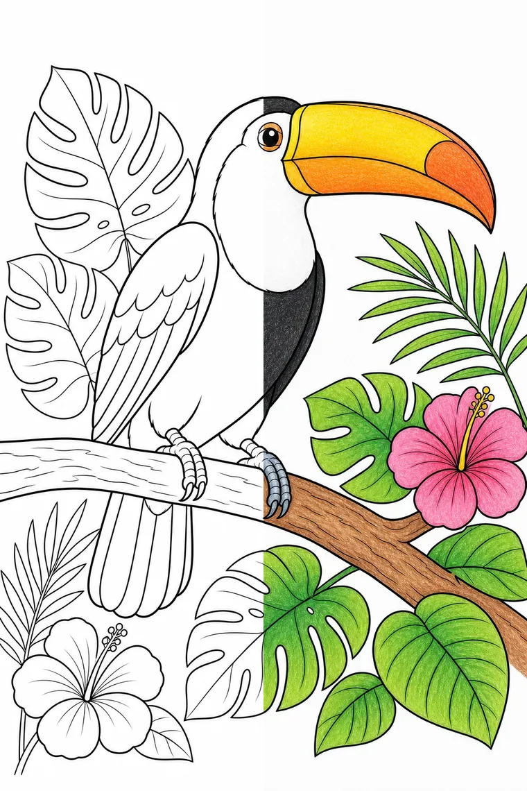 Toucan coloring page — line art on the left, colored in on the right