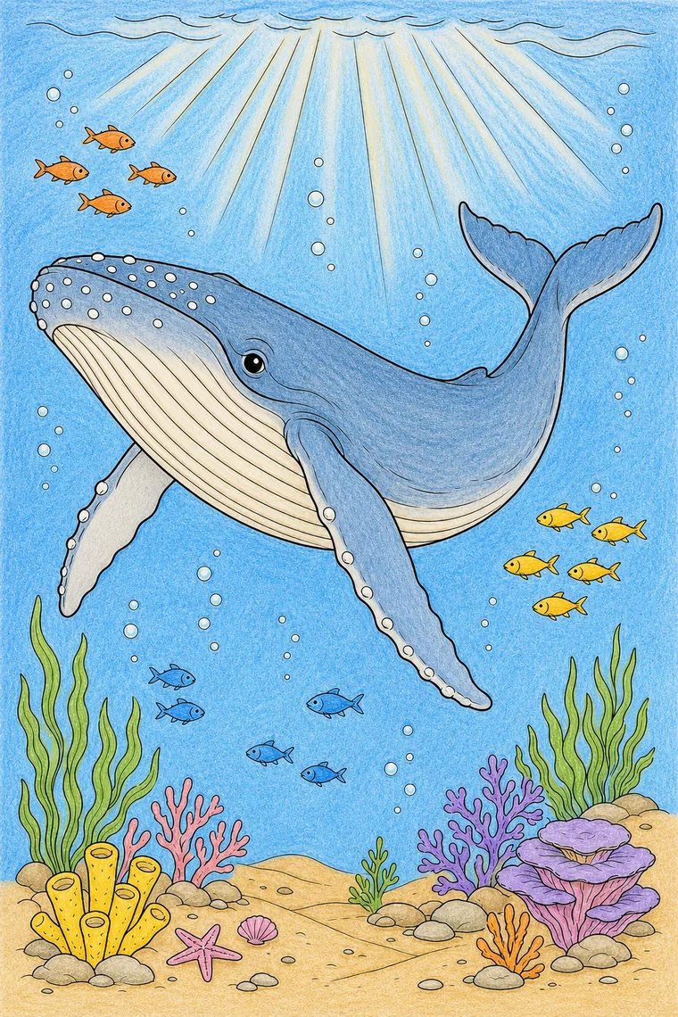 Example of the whale coloring page colored in