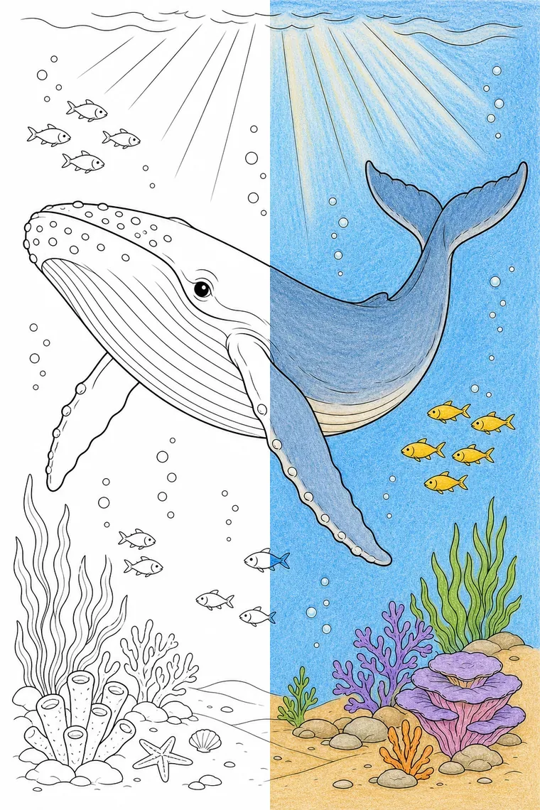 Whale coloring page — line art on the left, colored in on the right