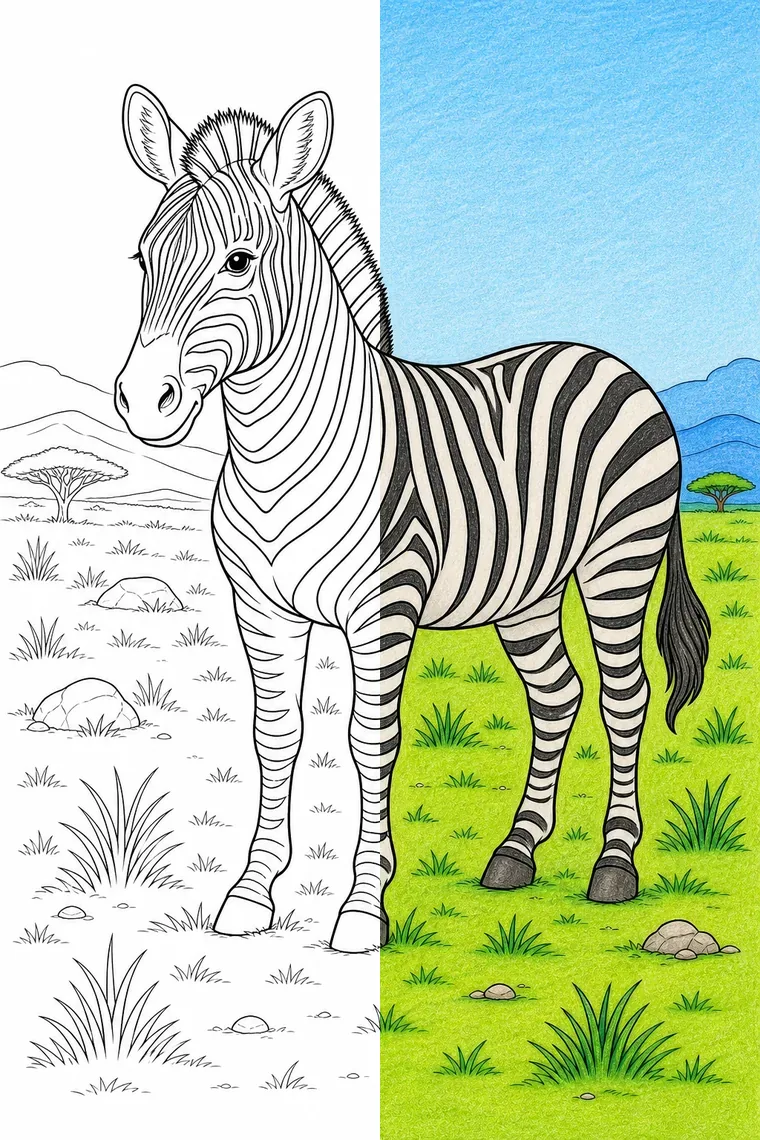 Zebra coloring page — line art on the left, colored in on the right