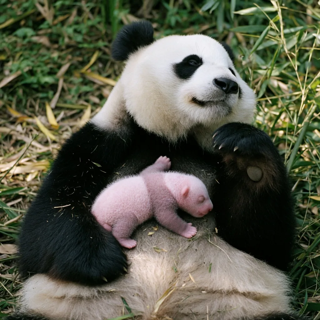 Giant panda mother holding a tiny newborn pink panda cub against her chest