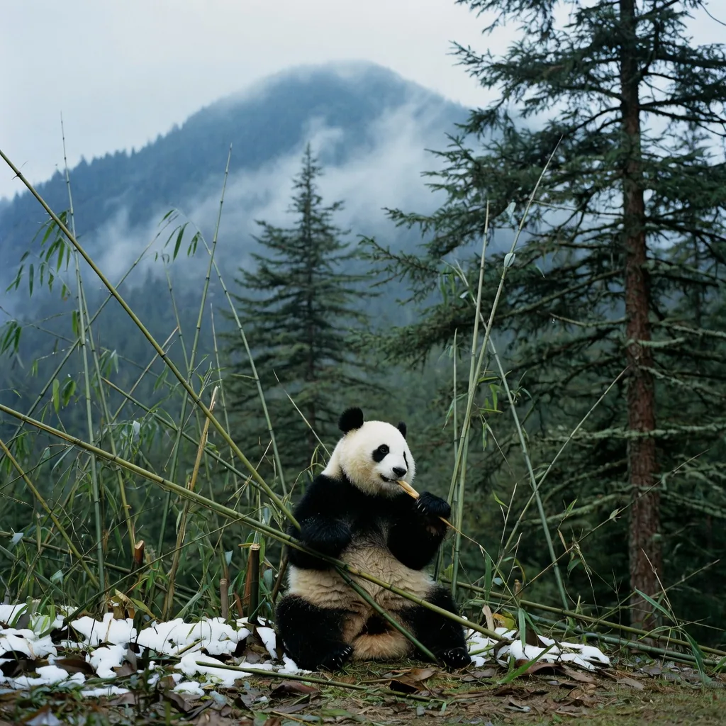 Giant panda sitting at the base of a misty bamboo-covered mountain in central China