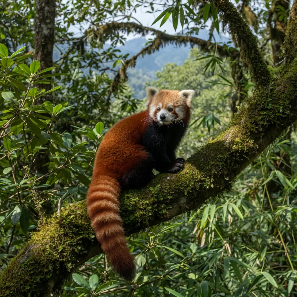 Red panda (Ailurus fulgens) perched on a mossy branch in a Himalayan forest