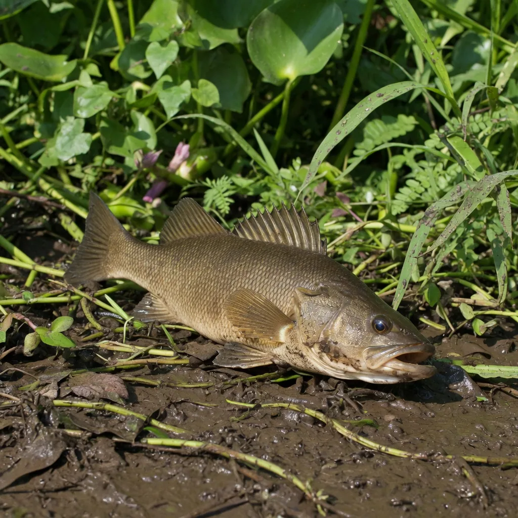 A climbing perch (Anabas testudineus) on a muddy riverbank, showing olive scales and gill cover spines