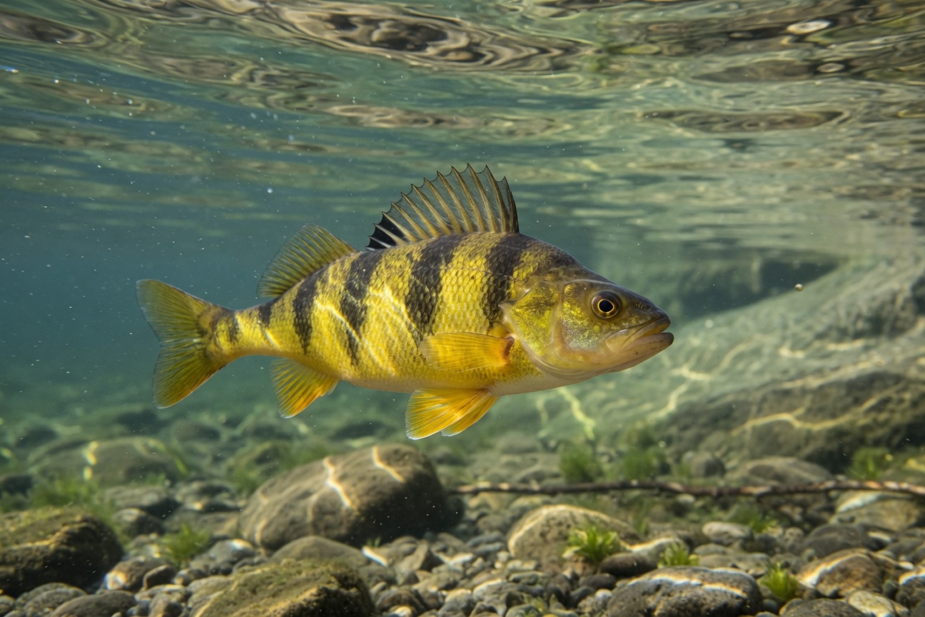 A yellow perch with black stripes swims in clear water over a rocky river bottom.