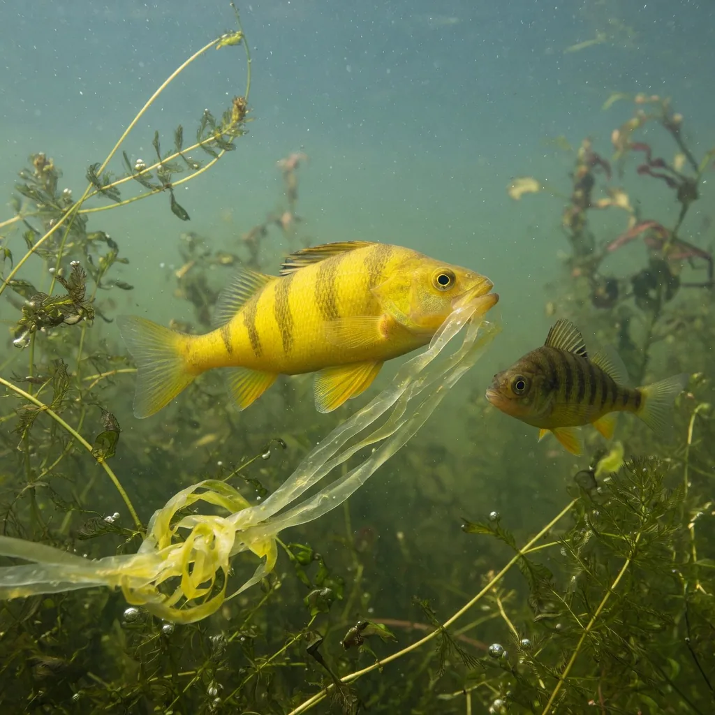 Yellow perch releasing long ribbon-like egg strands around aquatic plants during spring spawning
