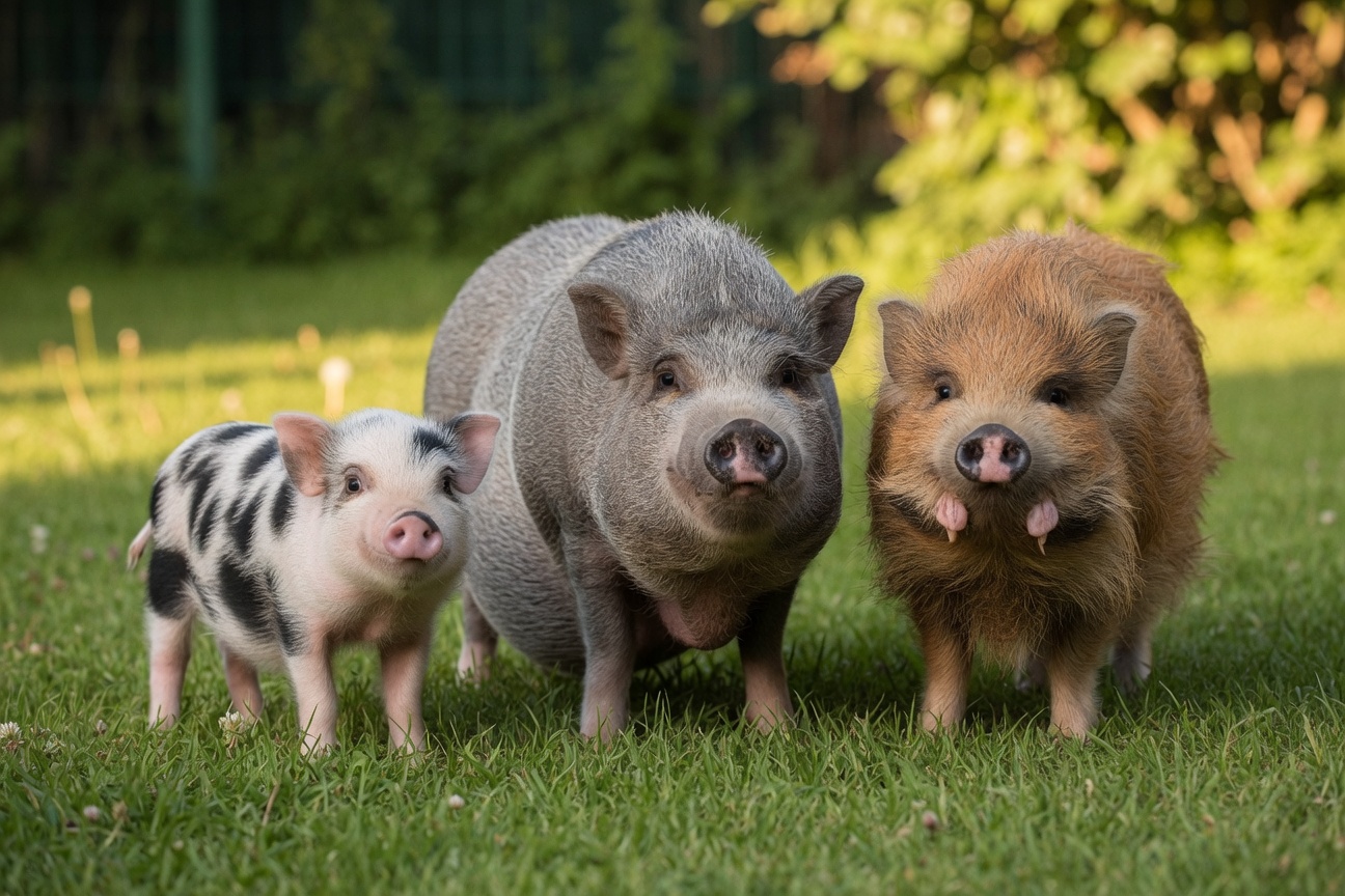 A spotted piglet, a large grey pig, and a hairy reddish-brown pig stand side-by-side on a grassy lawn.