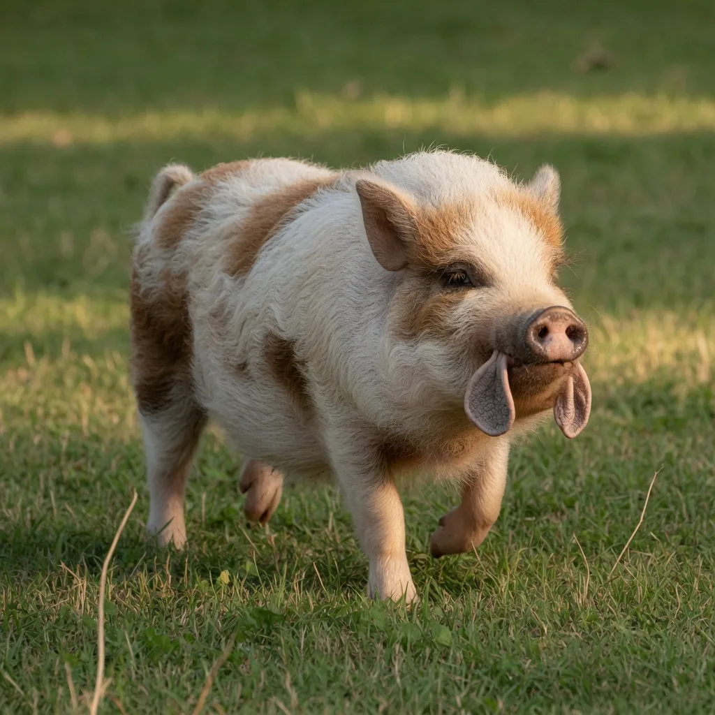 A fluffy kune kune pig with cream and brown patchy coat on grass, showing the small wattles beneath its chin