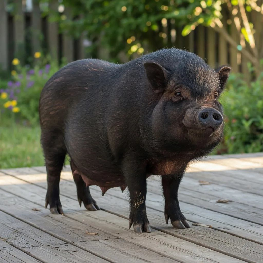 A black pot-bellied pig with its characteristic round, sagging belly standing outdoors